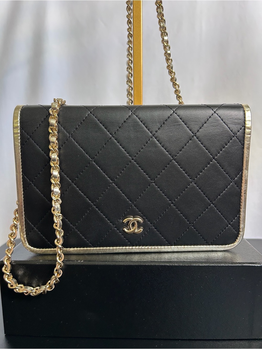 CHANEL Black Leather Quilted Crossbody with Gold Trim